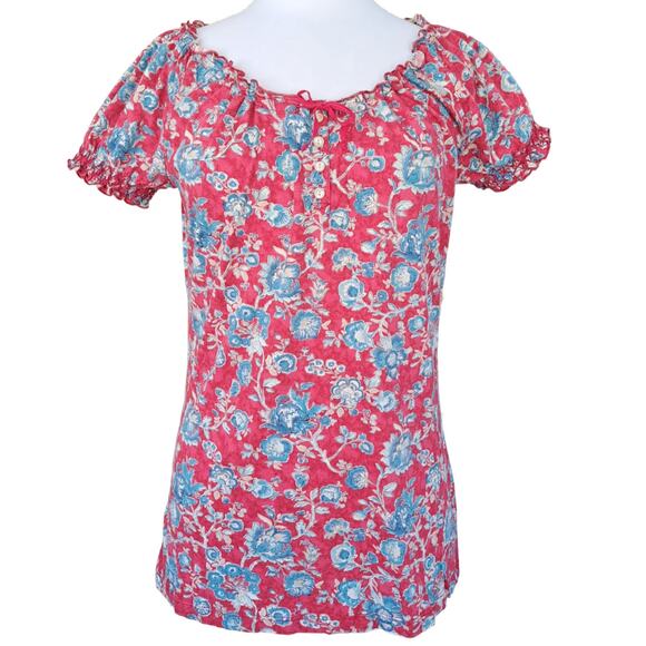 Lauren Jeans Co Ralph Lauren Red Blue Floral Peasant Top Size Medium Puff Sleeve - Picture 1 of 8